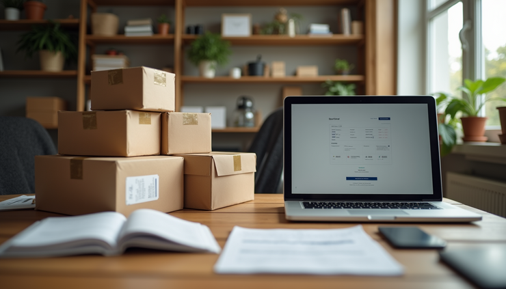 Eye-level view of a cluttered workspace with a laptop, shipping boxes, and product samples