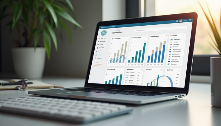 Eye-level view of a laptop on a minimalist desk showing an online business dashboard