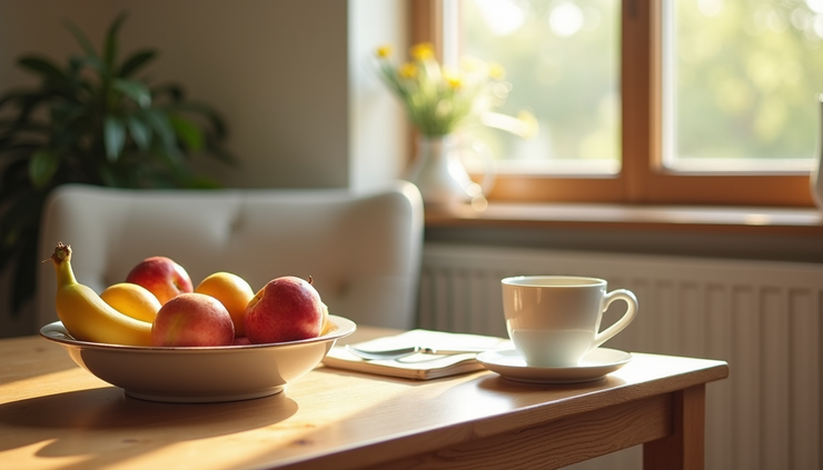 Eye-level view of a cozy breakfast nook with a bowl of fresh fruit and a cup of tea on a wooden table