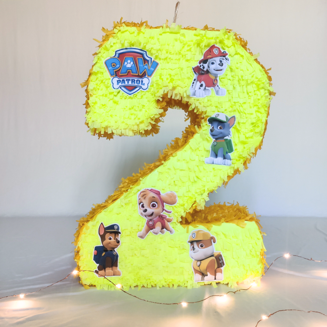 Yellow Paw Patrol themed number 2 Piñata front view