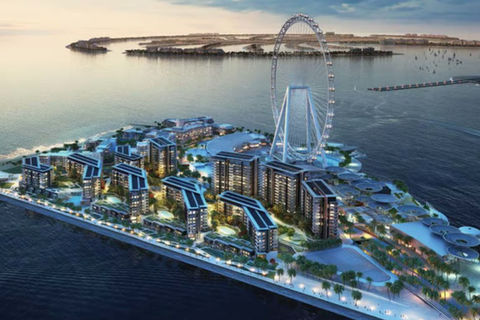 Aerial view of Bluewaters Island Dubai showing buildings and Ain Dubai observation wheel