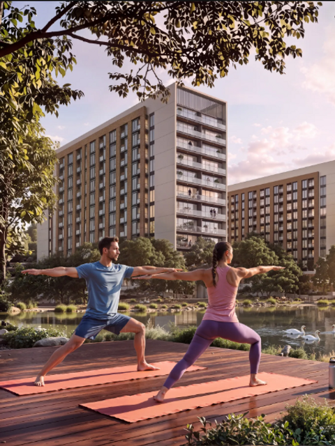 A man and woman practice yoga on outdoor mats beside a peaceful lake, surrounded by lush greenery. In the background, modern mid-rise residential buildings overlook the water, creating a blend of nature and contemporary urban living. Warm golden sunlight illuminates the scene, highlighting a serene lifestyle focused on wellness, relaxation, and community living.