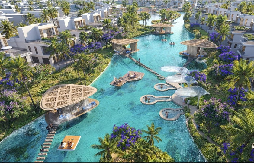 Waterfront townhouses at Damac Islands 1 & 2 Dubai featuring crystal lagoon, floating lounges, and luxury 4 and 5 bedroom homes