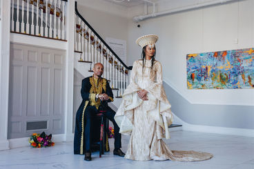 A couple poses in the 1845 Gathering Room at Revel 32°