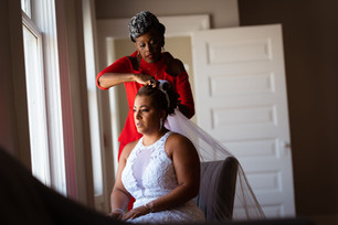 Bride getting hair done in the Lauren Suite at Revel 32°