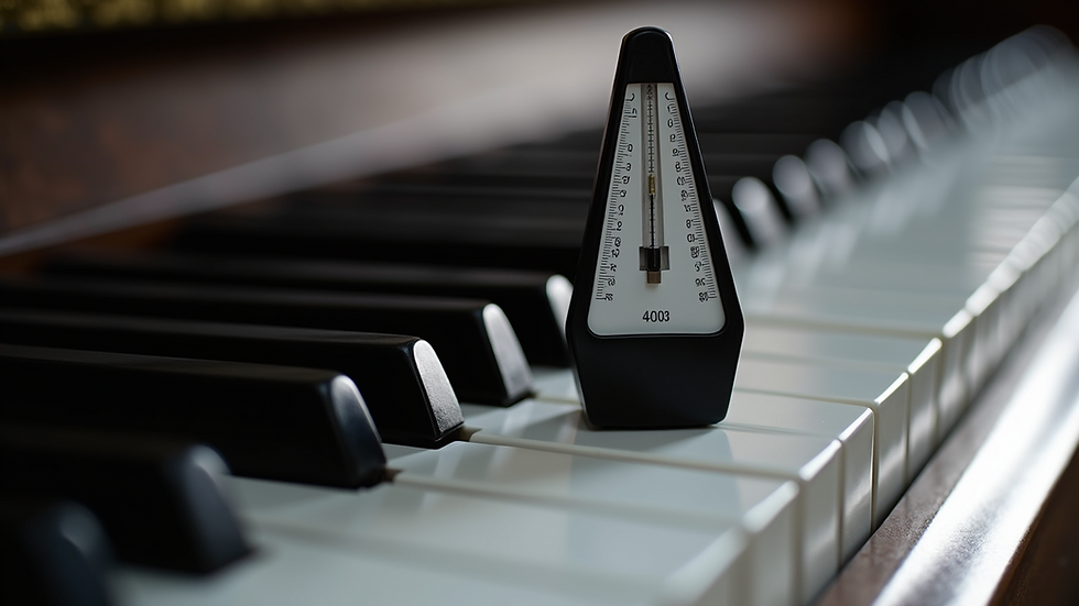 Close-up view of piano keys with a metronome on the side