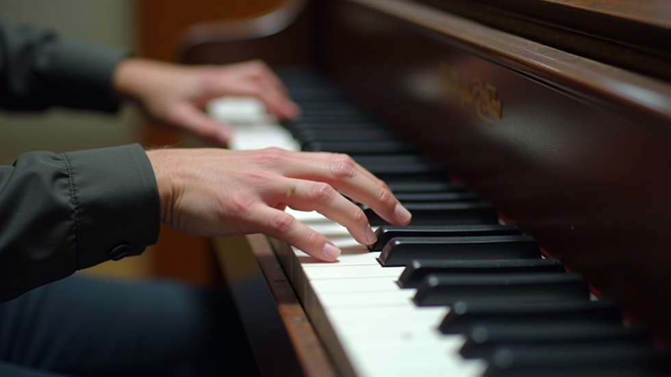 Close-up view of piano keys with fingers playing a melody
