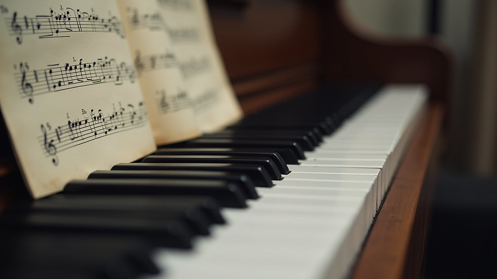Close-up view of a piano keyboard with sheet music