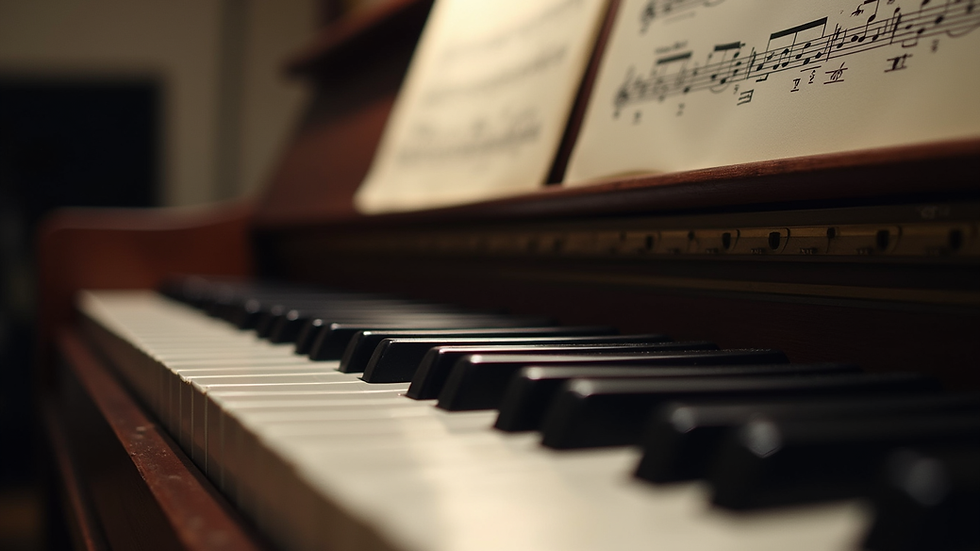 Eye-level view of piano keyboard with sheet music