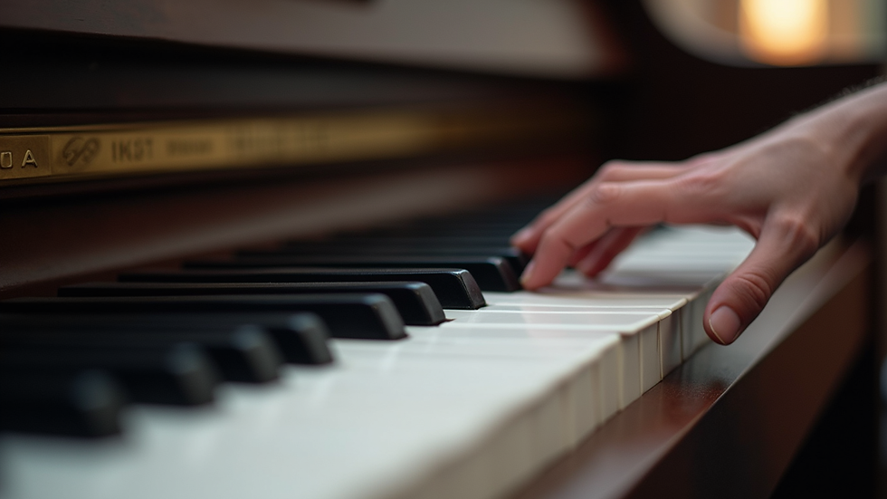 Eye-level view of a piano keyboard with a metronome on the side
