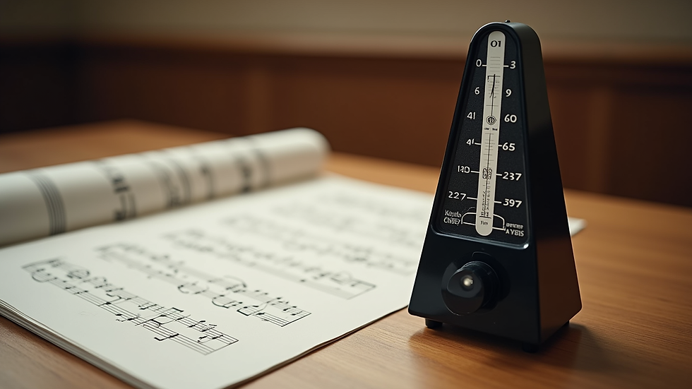Close-up view of a metronome and sheet music on a wooden desk