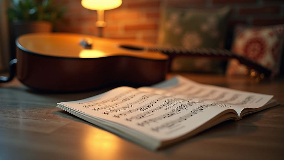 Eye-level view of a cozy music corner with a guitar and sheet music