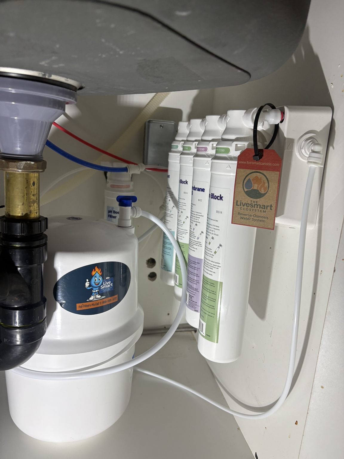LiveSmart-labelled drinking-water cartridges and a white pressure tank beneath a sink