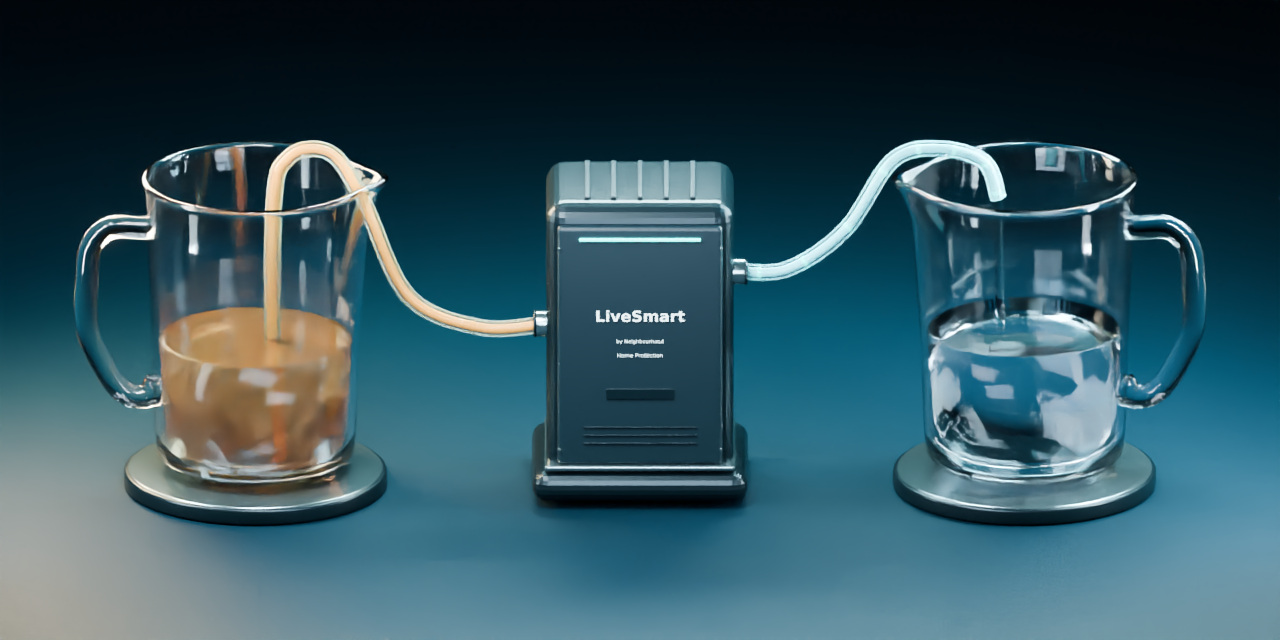 Illustration of two glass jugs connected through a LiveSmart treatment unit