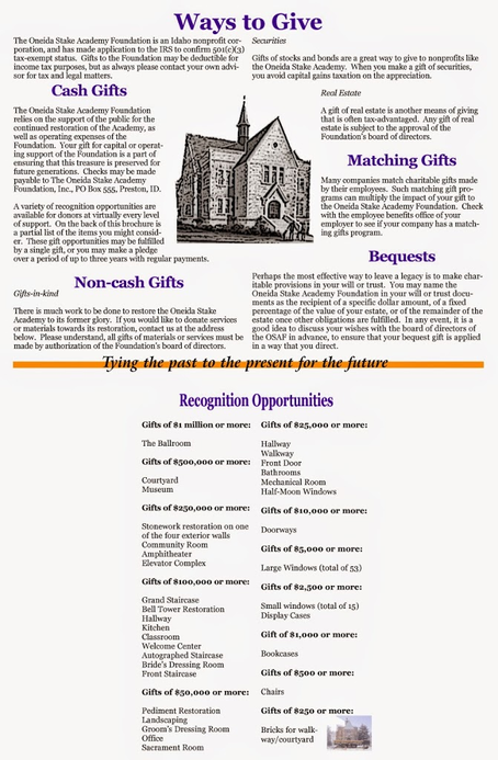 Ways to give to the restoration of the Oneida Stake Academy restoration