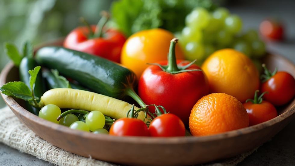 Close-up view of a colorful bowl of fresh fruits and vegetables
