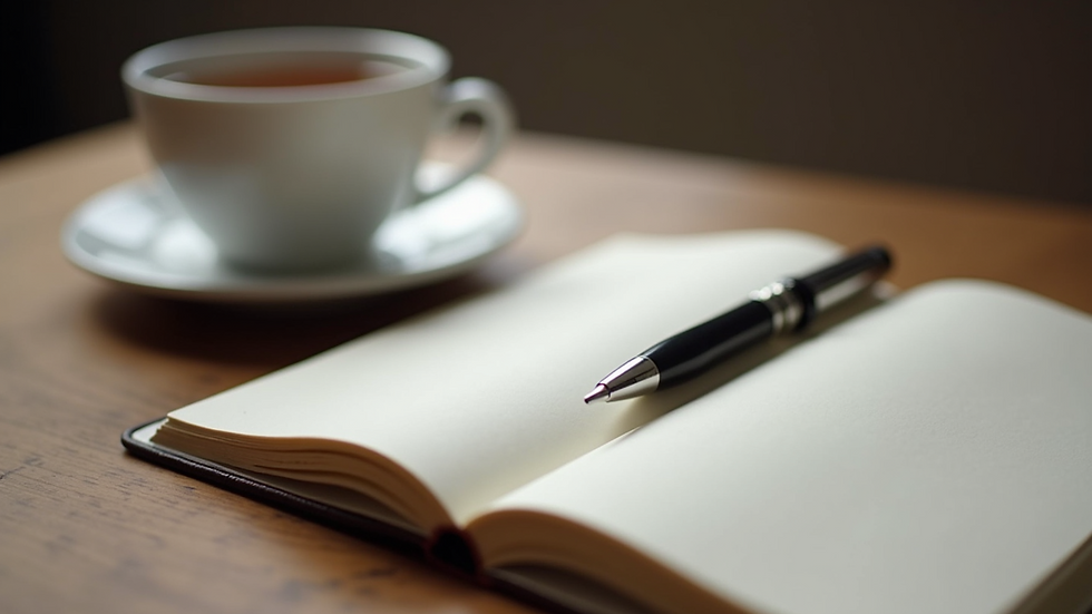 Close-up view of a journal and pen on a wooden table with a cup of tea
