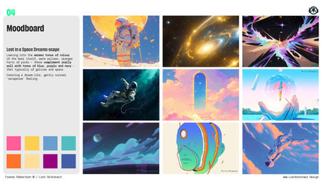 A moodboard with a range of dreamy sci-fi like images of pastel colours, semi-surreal images that paint the feeling of a dreamscape. Taken from Pinterest.
