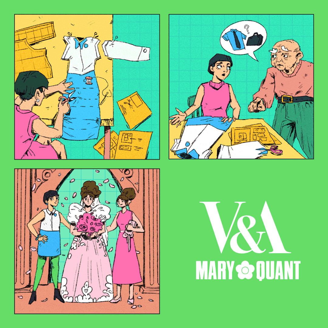 Stories from experiences of Mary Quants fashion in the 1960's illustrated in short 3-panel comics