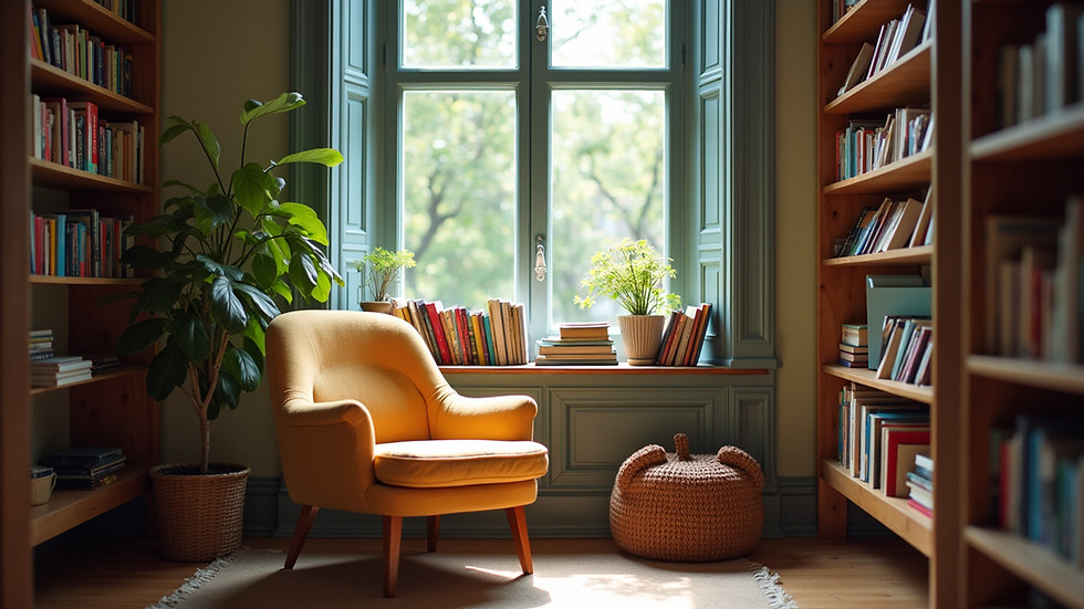 Eye-level view of a cozy reading nook with colorful books and a comfortable chair
