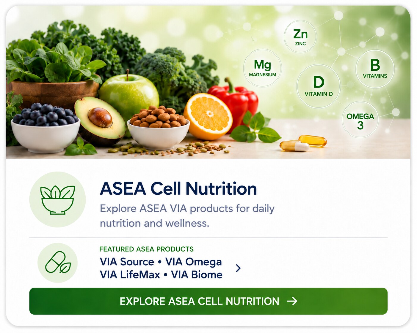 ASEA VIA Source, Omega, LifeMax and Biome nutrition product range