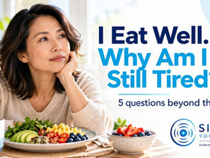 A woman seated with a meal beside the question I Eat Well. Why Am I Still Tired?