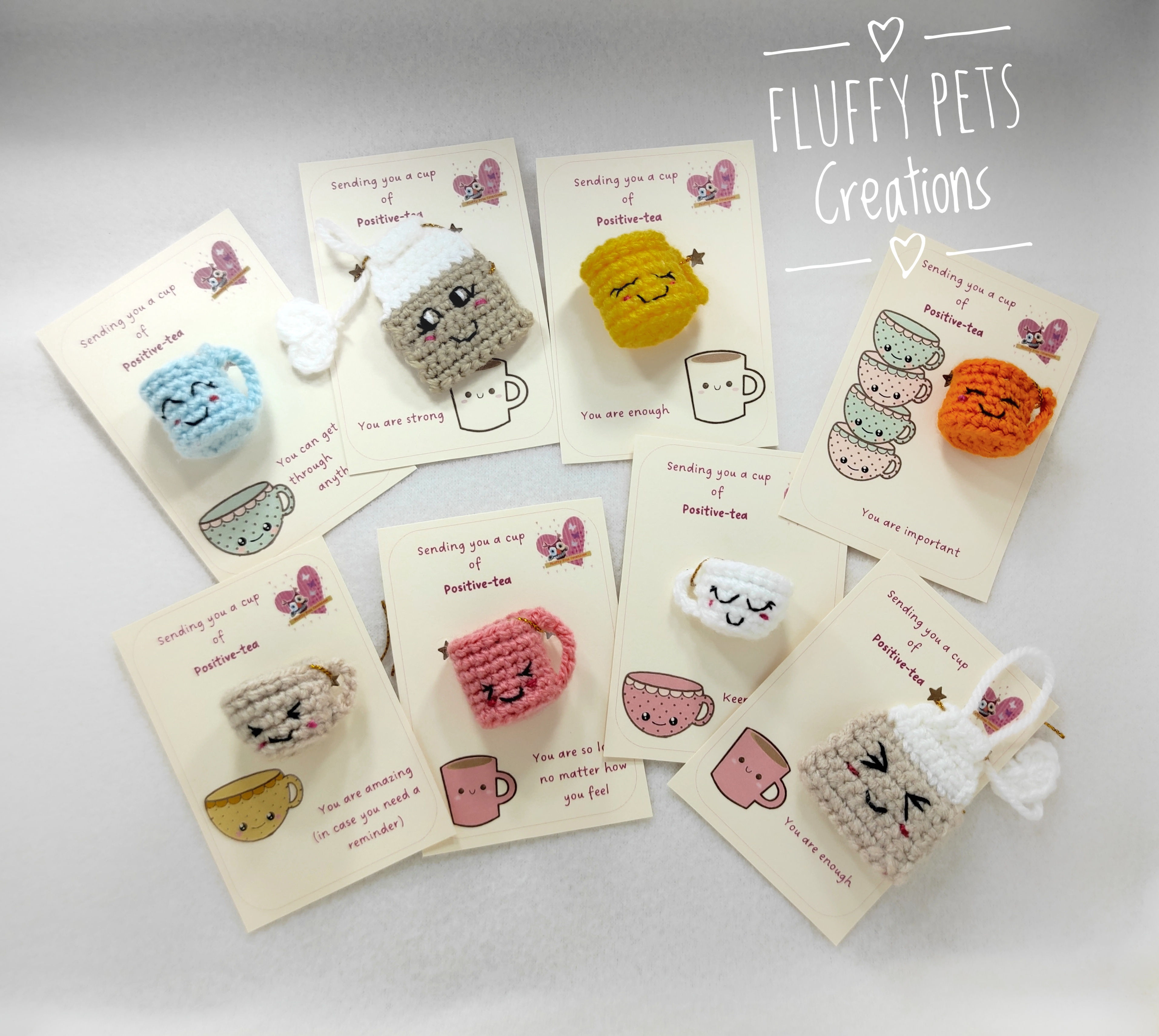 Positive-tea crochet cups and tea bags with a special message, crochet tea bag