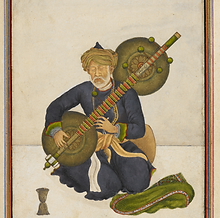 Miyan_Himmat_Khan_Kalawant_playing_a_bin,_page_from_the_Tasrih_al-aqvam,_by_Ghulam_Ali_Kha