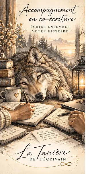Illustration : un loup couché près de mains qui écrivent, symbole de l'accompagnement à l'écriture