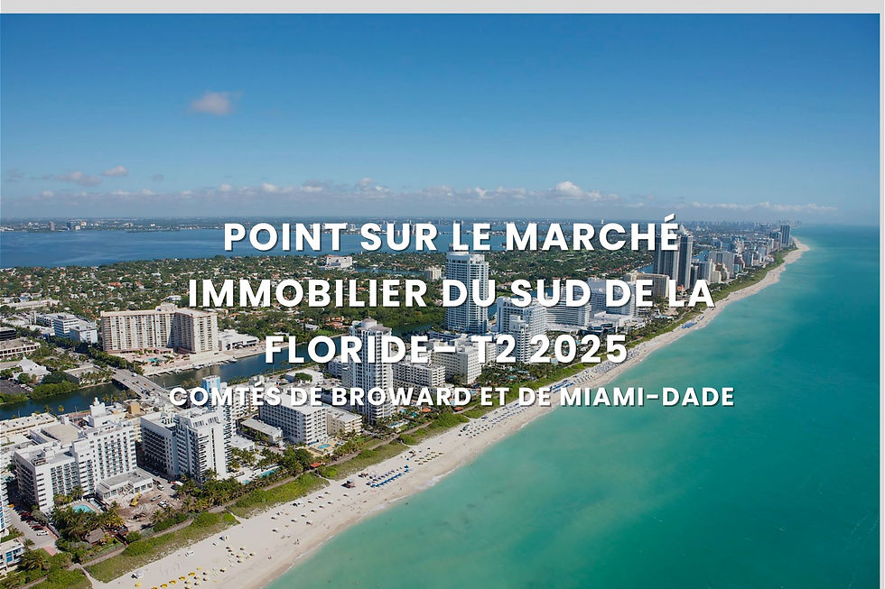 Vue aérienne du littoral du Sud de la Floride avec des bâtiments urbains ; texte : Mise à jour du marché immobilier du Sud de la Floride – T2 2025, comtés de Broward & Miami-Dade.