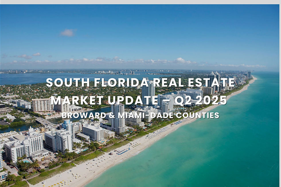 Aerial view of South Florida coastline with city buildings; text reads "South Florida Real Estate Market Update – Q2 2025, Broward & Miami-Dade Counties."