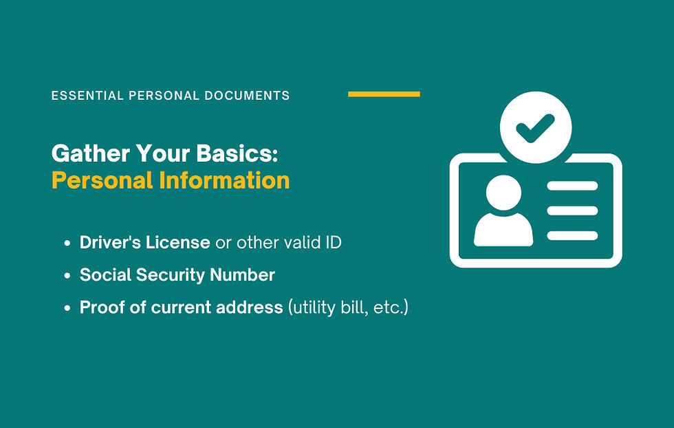 Teal background with text: Gather Your Basics: Personal Information. Lists ID, SSN, address proof. Icon of an ID with a check mark.