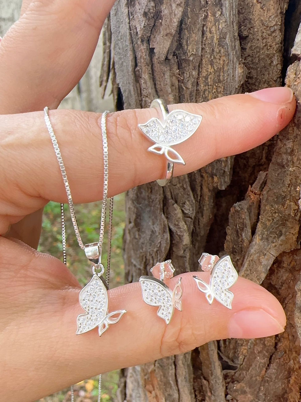 Miniatura: Juego completo anillo, aretes, dije y cadena de mariposas plata 925 italiano