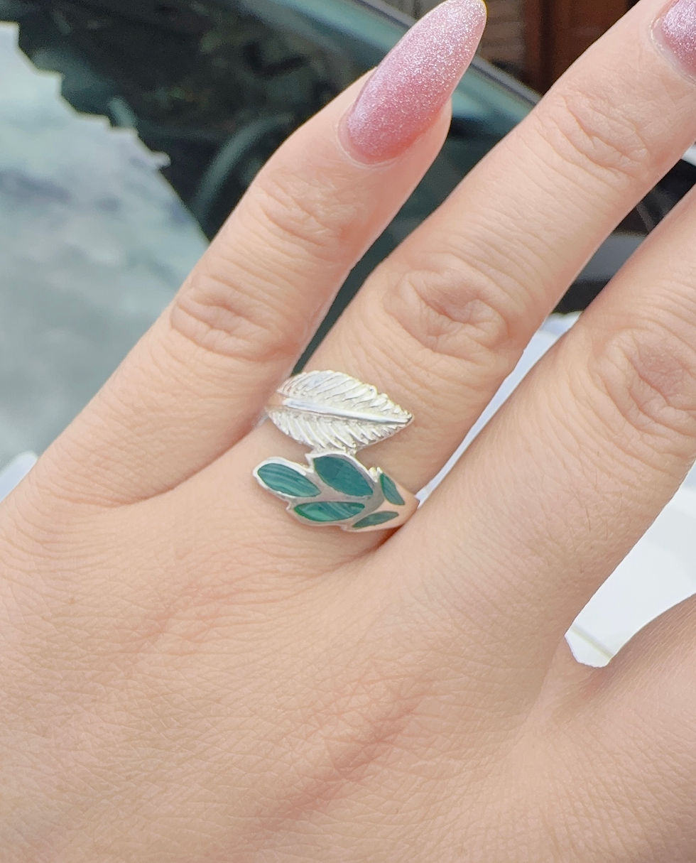 Miniatura: Anillo hoja verde dúo plata 925