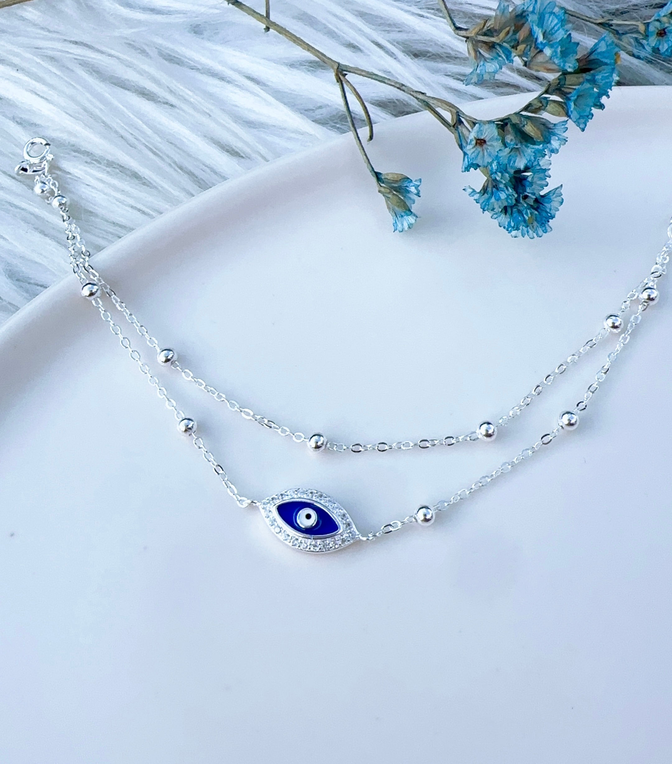 Pulsera bolitas ojo turco plata 925￼