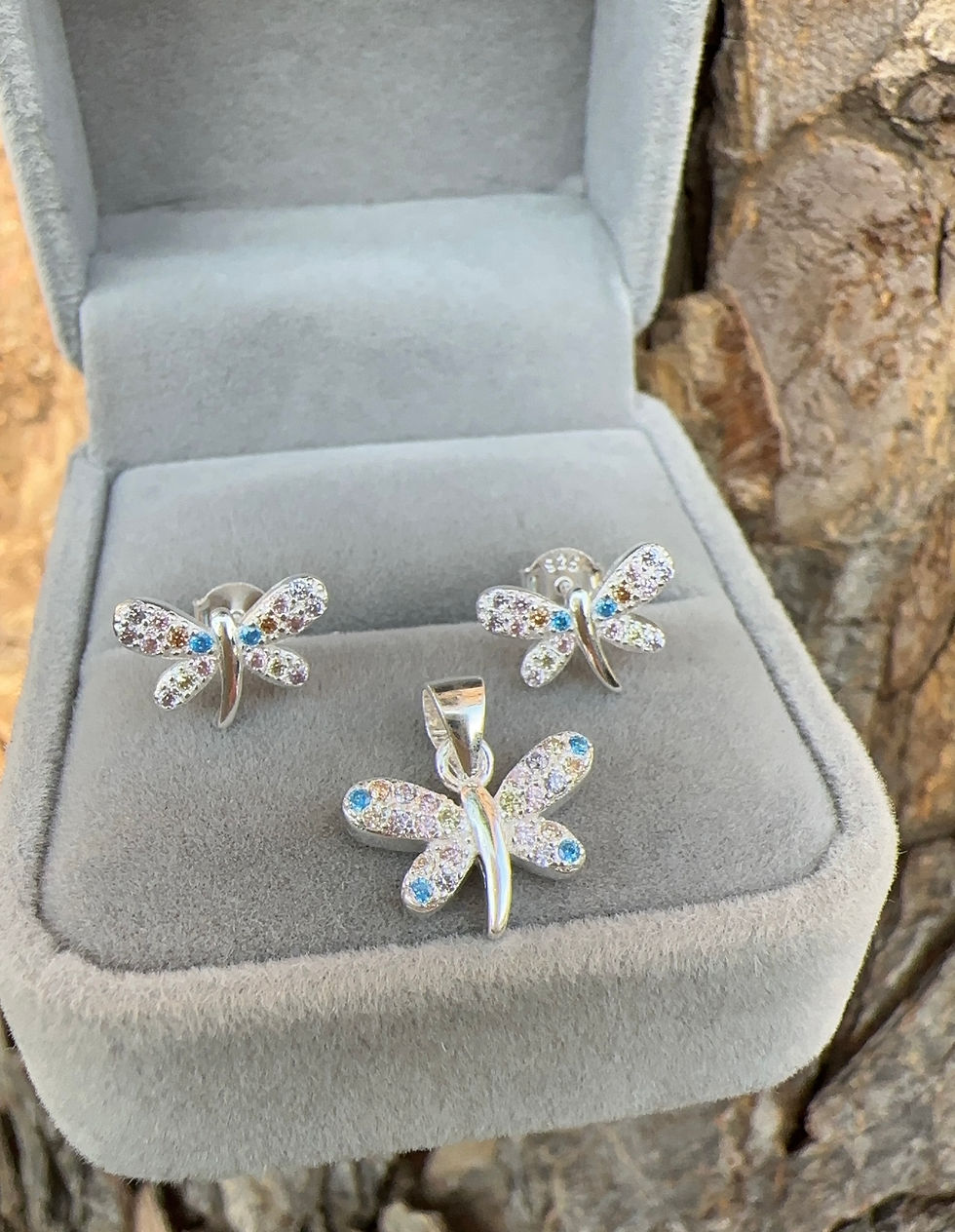 Miniatura: Juego aretes y dije libélula colores Plata 925. No incluye Cadena 