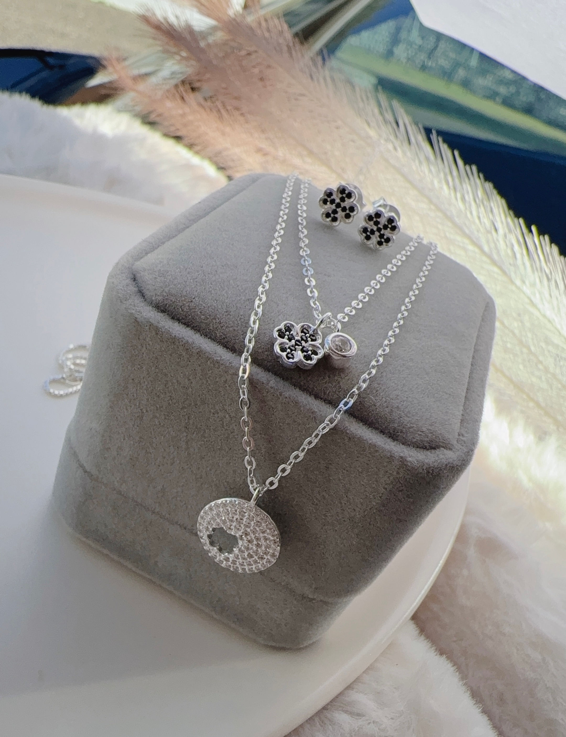 Juego cadena doble y aretes trébol plata 925  