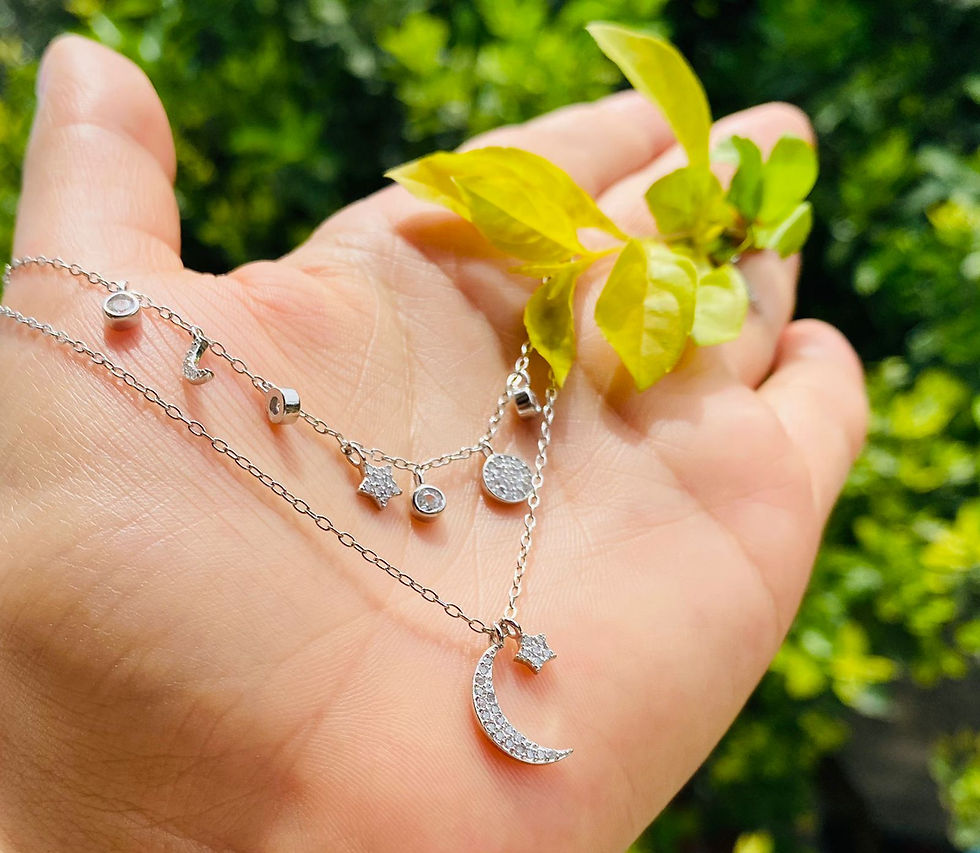 Cadena doble con dijes  de luna y estrella de plata 925 con baño en rodio