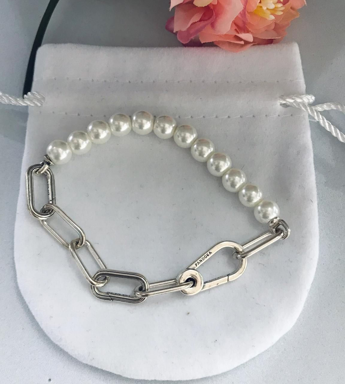 Pulsera eslabón, mas perlas plata 925 Pand