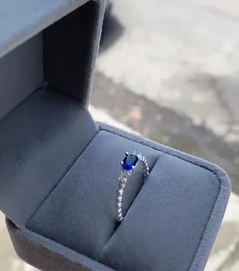 Miniatura: Anillo bolitas piedra central ovalada azul plata 925 Italiana