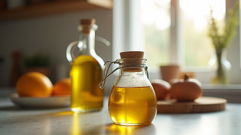 Eye-level view of a jar of honey and a bottle of olive oil on a kitchen counter