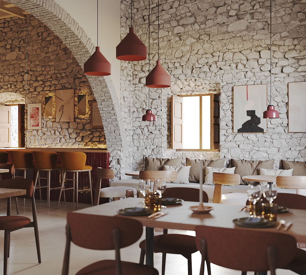 Restaurant interior at Hotel Vall Amagada del Molí with rustic stone walls and designer pendant lighting