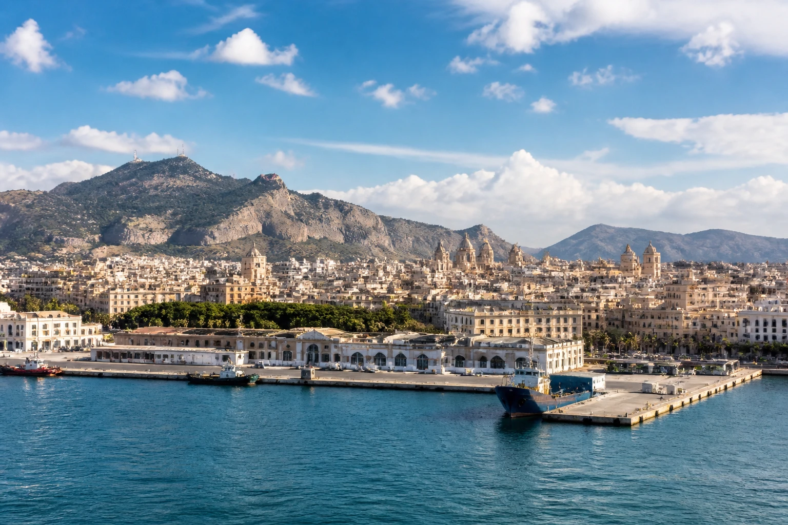 Representative cruise port destination view: Palermo, Italy; passenger waterfront and harbor water, not an exact landmark photograph.