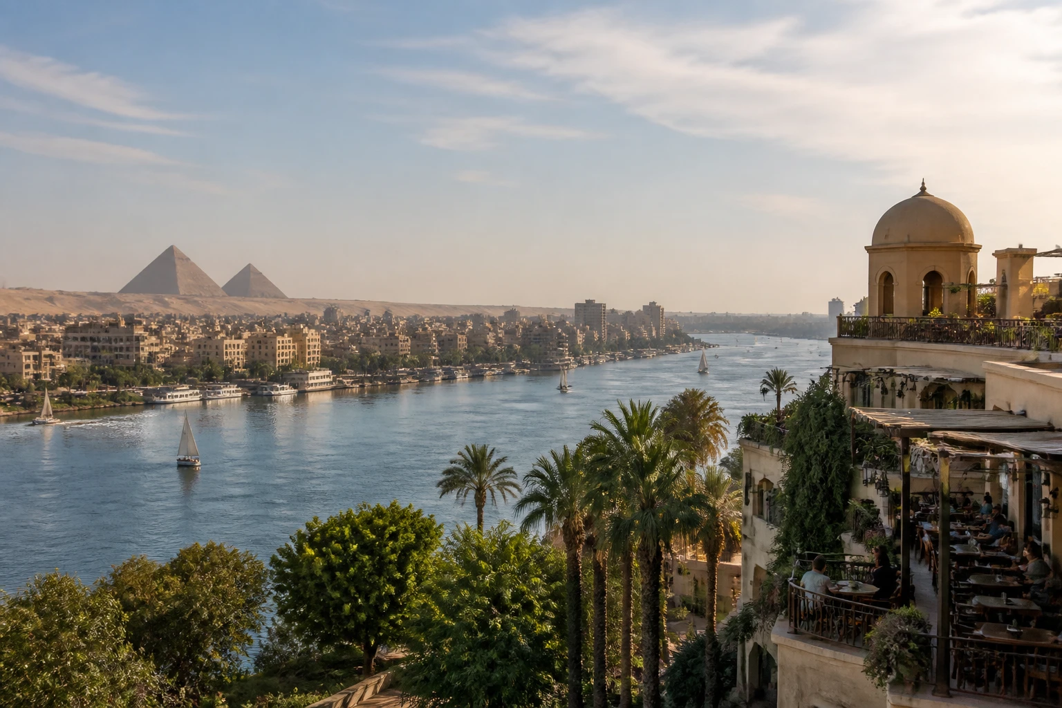 Representative city destination view: Cairo and Giza, Egypt; heritage-scale streetscape and regional architecture, not an exact landmark photograph.