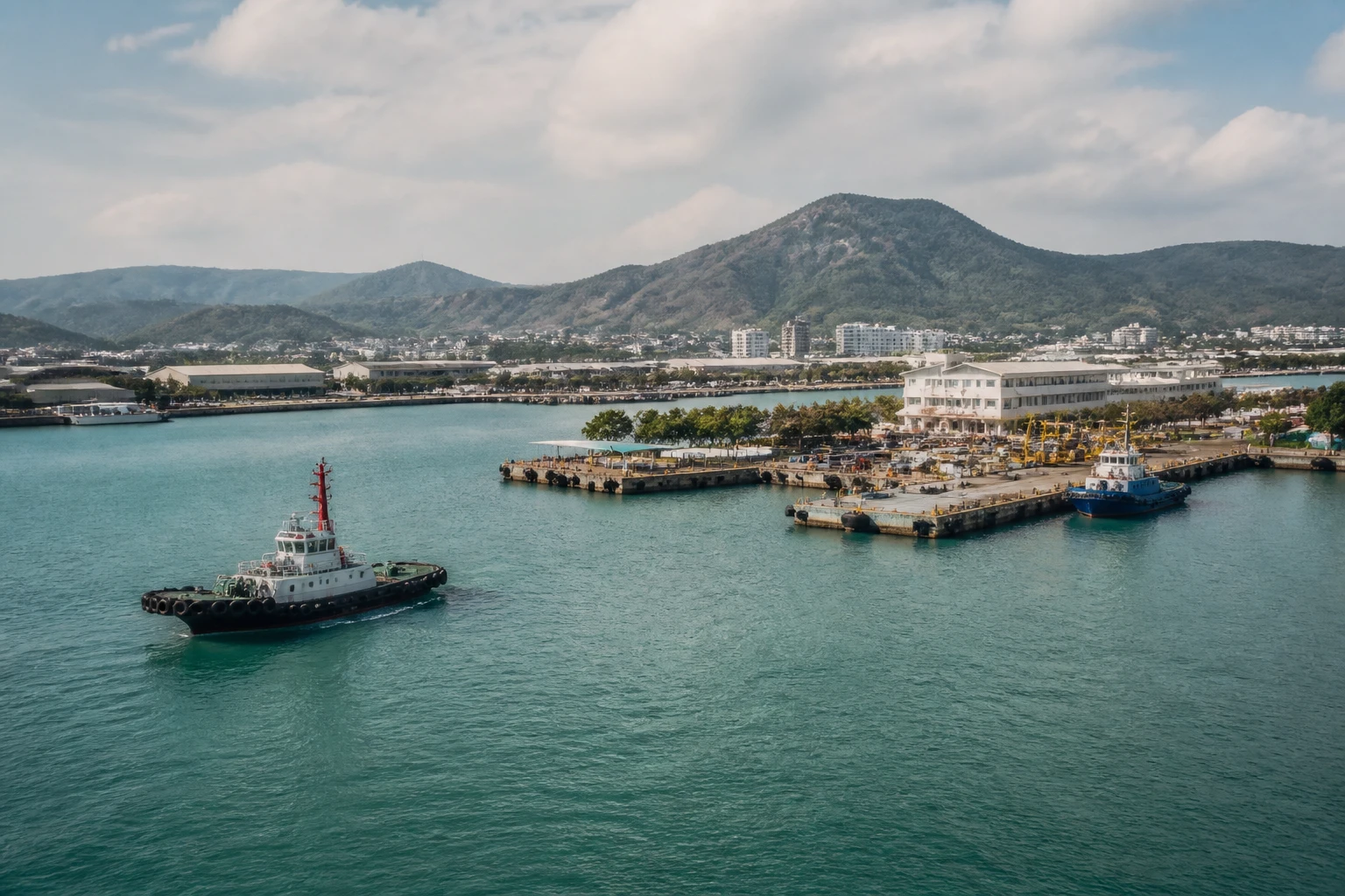 Representative cruise port destination view: Laem Chabang, Thailand; passenger waterfront and harbor water, not an exact landmark photograph.