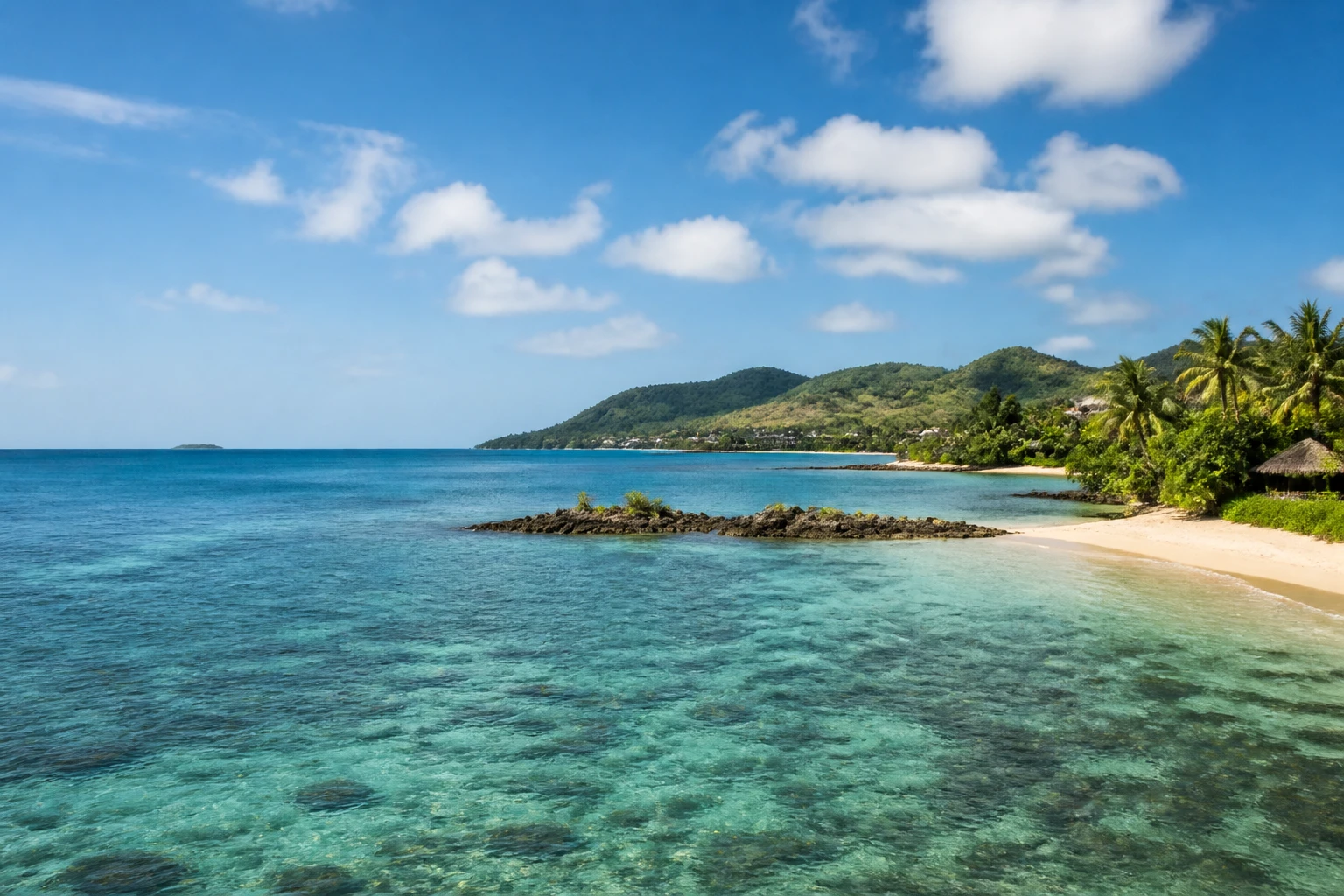 Representative island destination view of Fiji, with coastline, shoreline geology, regional vegetation, and natural light; not an exact landmark photograph.
