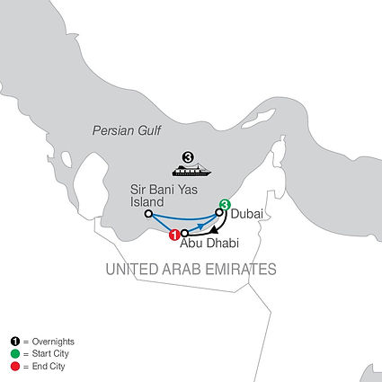 Official Globus route map for Dubai Escape plus 3-night Iconic Arabia Cruise, traveling from Dubai to Abu Dhabi