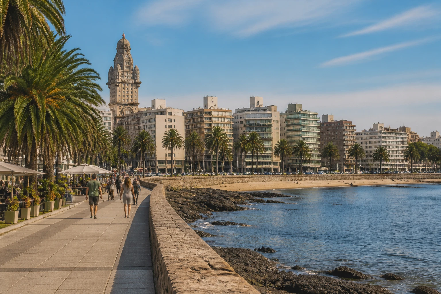 Representative city destination view: Montevideo, Uruguay; passenger waterfront and harbor water, not an exact landmark photograph.