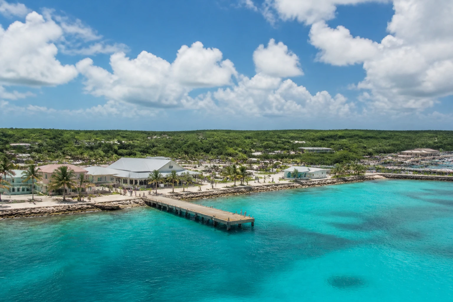 Representative cruise port destination view: Lookout Cay, Bahamas; passenger waterfront and harbor water, not an exact landmark photograph.