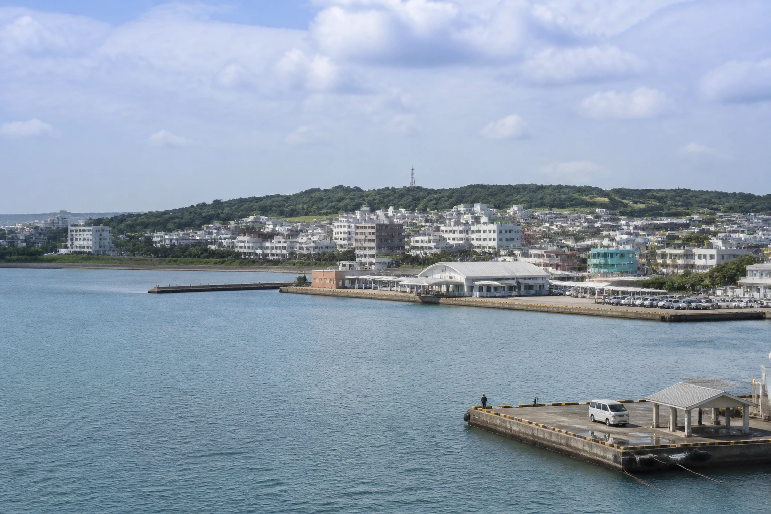 Representative cruise port destination view: Miyakojima, Japan; passenger waterfront and harbor water, not an exact landmark photograph.